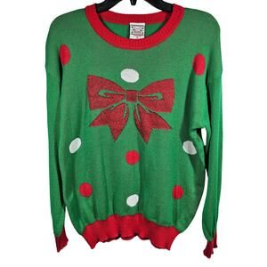 Well Worn Holiday Sweater Green with Red Metallic Bow NWT Women's M